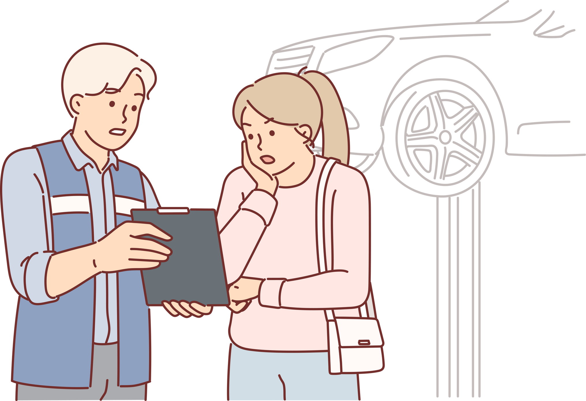 Auto mechanic showing repair cost to shocked woman client while standing in garage with car