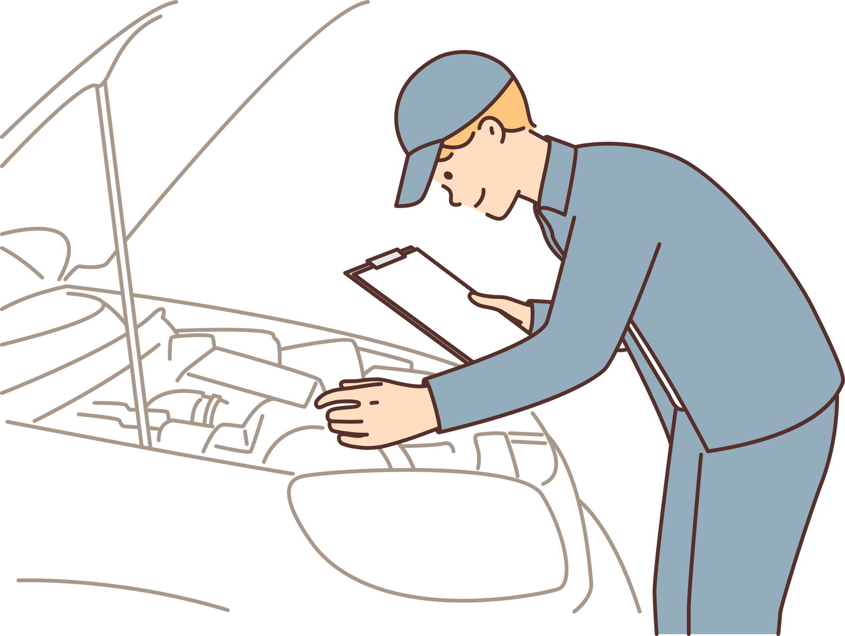 Man auto mechanic with clipboard conducts technical inspection of car standing near open hood